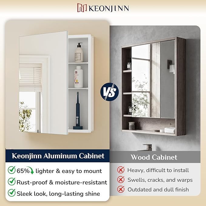 Keonjinn 48 x 26 Inch Medicine Cabinet, Assembly Required, White Bathroom Medicine Cabinets Mirror, Lightweight, Adjustable Shelves, Surface Mount or Recessed, Tempered Glass
