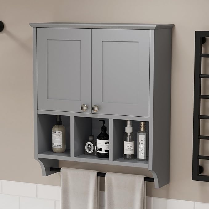Medicine Cabinets, Bathroom Cabinet Wall Mounted 2-Door with 3 Open Shelves, Over The Toilet Storage Cabinet with Towels Bar for Toilet, Bathroom (Grey)