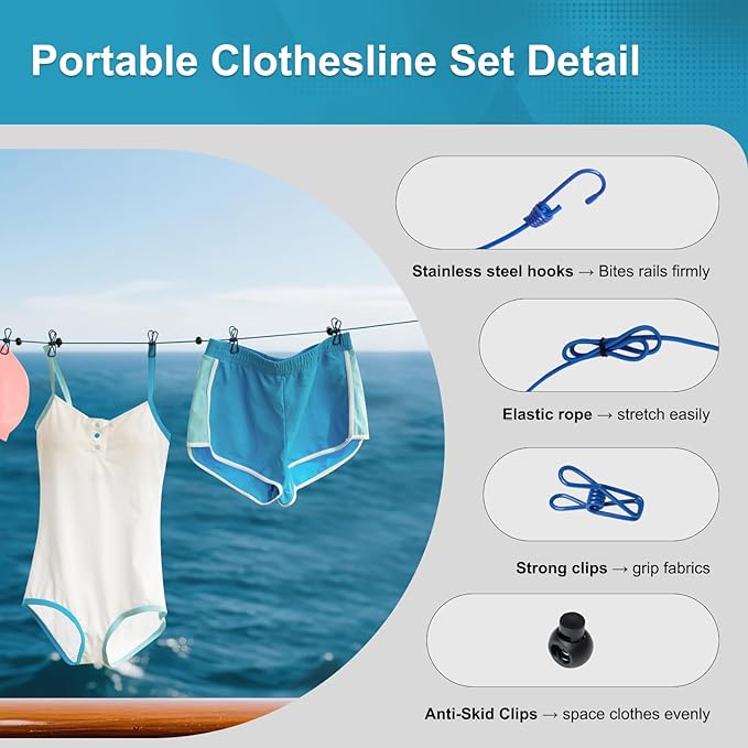 2 Pack Camping Portable Clothesline for Travel with 12 Clips, Blue Windproof Retractable Clothesline Kit for Camping, Home, Cruise, Hotel