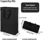 Odonata Slim Laundry Hamper Handles Collapsible Laundry Basket Thin Dirty Clothes Basket Narrow Laundry Bag Foldable Dirty Hamper 45L (Black)