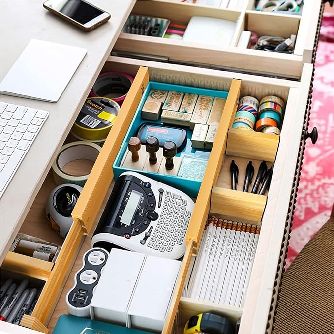 ANTOWIN Bamboo Drawer Dividers Organizers, Drawer Separators Splitter,13-17 inches Long Adjustable Spring-loaded Organizer for Large Utensil, Clothes, Tools Drawers (4+3)