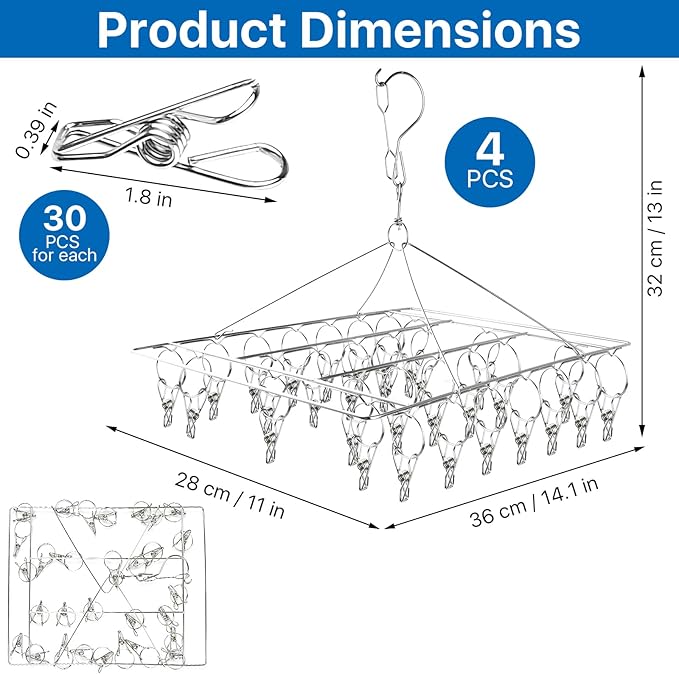 4 Pcs Hanging Drying Rack,Stainless Steel Herb Drying Rack with 30 Stainless Clips,Collapsible Swivel Drying Rack Windproof Hook for Drying Herb Air Plants,Flowers,Towel,Bras,Lingerie, Sock