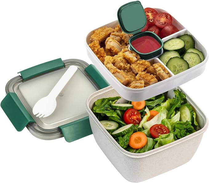 Freshmage Salad Lunch Container To Go, 2 Packs 52-oz Salad Bowls with 3 Compartments, Salad Dressings Container for Salad Toppings, Snacks, Men, Women (Wheat straw white)