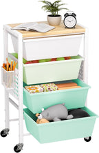 Rolling Cart with Drawers, Rolling Storage Cart with Large Plastic Drawers & Wooden Tabletop, Utility Cart with Pegboards & Basket, Storage Drawers Cart for Living Room, Classroom, Bedroom, Office