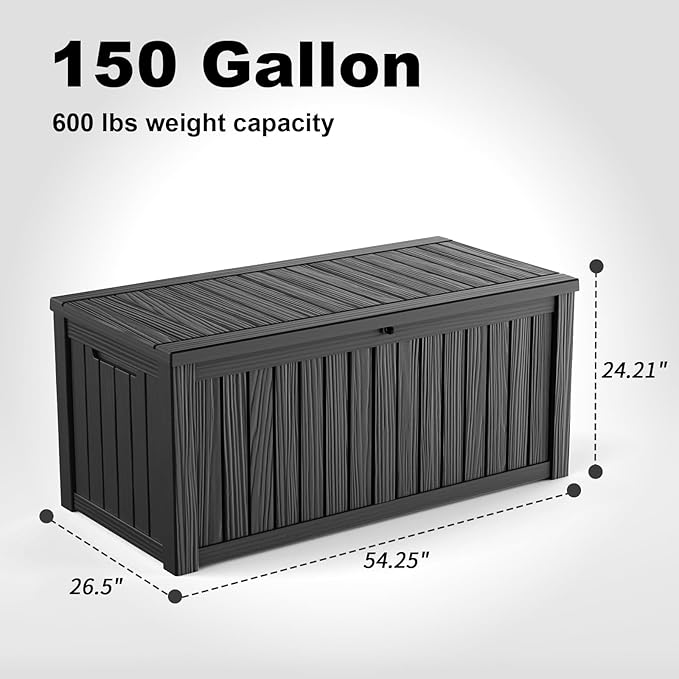 150 Gallon Outdoor Waterproof Resin Storage Deck Box Lockable Outside Bench UV Resistant Bin Patio Porch Furniture Pool Float Garden Tool Cushion Black