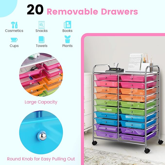 COSTWAY 20-Drawer Rolling Storage Cart, Utility Storage Organizer Cart for Tools, Scrapbook, Paper, Craft, Multipurpose Storage Trolley on Wheels for Home Office School (Rainbow)