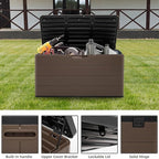 110 Gallon Pro Resin Deck Box, Waterproof Outdoor Storage Bin for Patio Furniture, Pool Accessories, and Garden Tools, Lockable & UV-Resistant, Brown