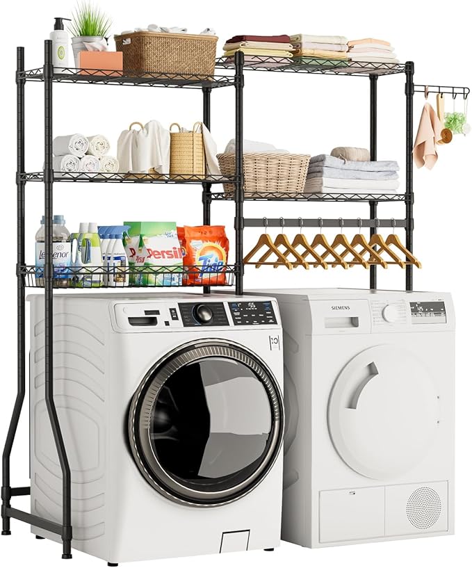 Over Washer and Dryer Shelves,Heavy Duty Laundry Room Storage Organization Clothes Drying Rack,5 Tier Adjustable Height Wire Shelving and Wire Basket with Hanger Rod&Hook,Space Saving Shelf | Heavy Duty, Clothes Drying Rack, Adjustable Height, Hanger R...