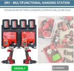 3-in-1 Metal Wall Mount for Milwaukee Chargers Batteries Drills Storage Rack for 4x 18V Battery Packs Bracket Holder for 2x M12-18C Charger/2x M12-18FC Charger/1x M18 DFC, Power Tool Organizer
