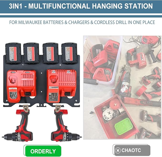 3-in-1 Metal Wall Mount for Milwaukee Chargers Batteries Drills Storage Rack for 4x 18V Battery Packs Bracket Holder for 2x M12-18C Charger/2x M12-18FC Charger/1x M18 DFC, Power Tool Organizer