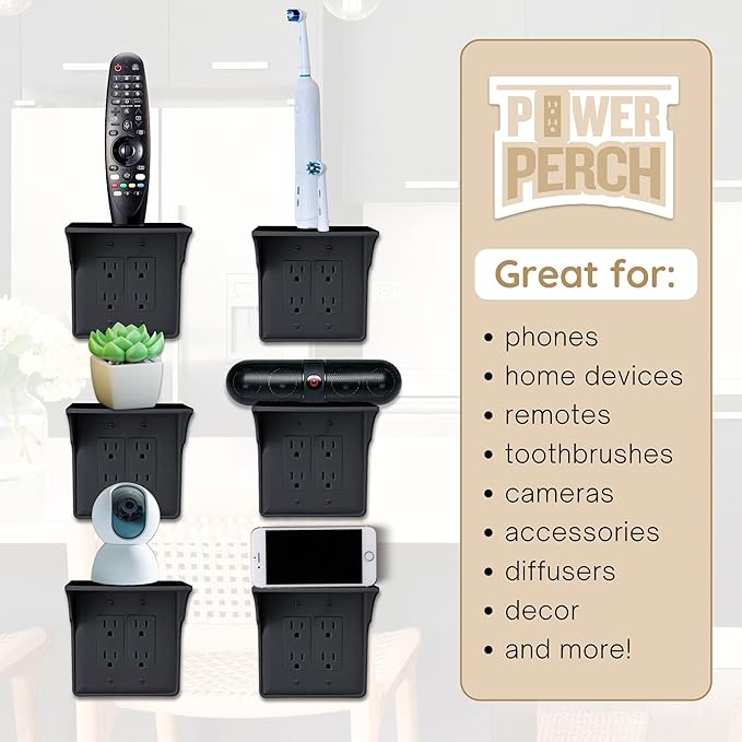 Storage Theory Power Perch Double Wall Outlet Shelf - Declutter & Reclaim Bathroom Counter Space - Alexa Stand, Apple Homepod Shelf, Toothbrush Holders Wall Mounted - Black, 1-Pack