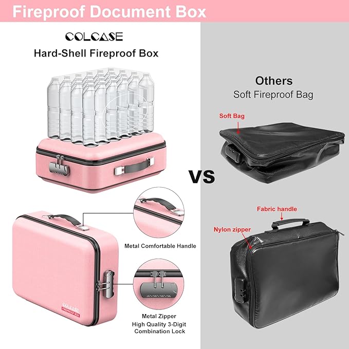 COLCASE Fireproof Document Organizer, Hard Fireproof Waterproof Document Box with Lock Creative Hard-Shell Design Fireproof Document Box for Important Documents Certificates Laptop Passports Pink