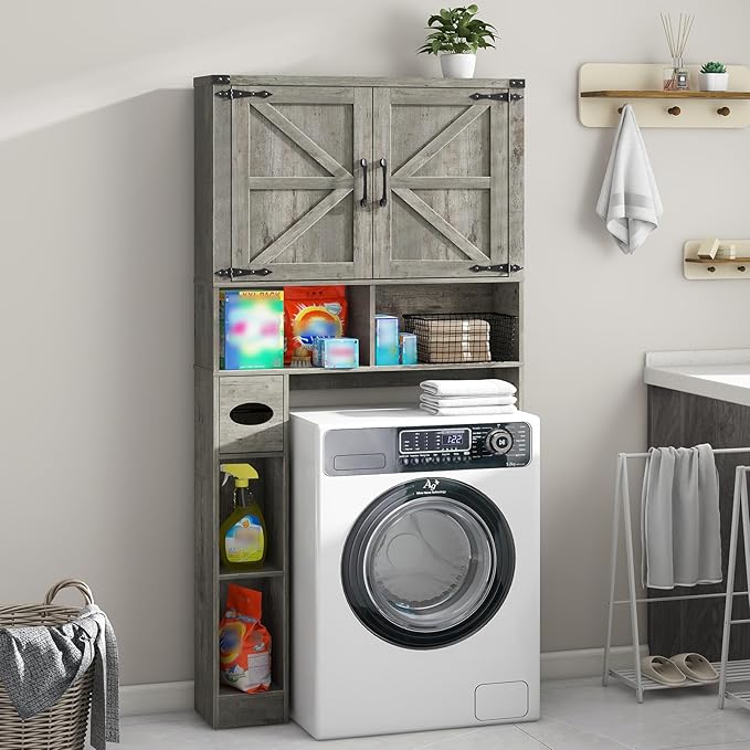 Vabches Over The Toilet Storage Cabinet, Farmhouse Storage Cabinet Over Toilet with 2 Barn Doors & Toilet Paper Holder Stand，Home Space-Saving Toilet Rack, for Laundry, Bathroom, Restroom.Grey Oak
