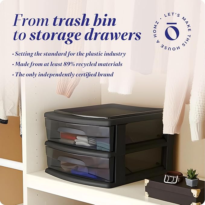 HOMZ 2-Pack 2-Drawer Storage Cart, Plastic Drawers w/Smoke Tint, 14.25" Wide Medium, Black Frame - Organizing Drawer Containers for Home, Bathroom, Bedroom, Office, and Classroom