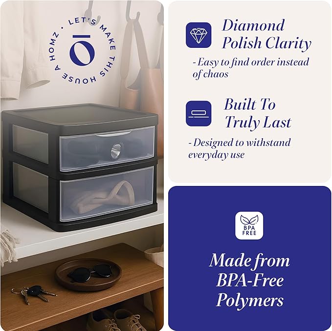 HOMZ 2-Pack 2-Drawer Storage Cart, Clear Plastic Drawers, 14.25" Wide Medium, Black Frame - Organizing Drawer Containers for Home, Bathroom, Bedroom, Office, and Classroom