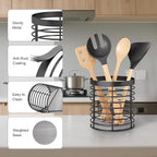 Utensil holder - Large Round Utensils Holder with Diatomaceous Base Matte Black Cooking Utensil Holder,Kitchen countertop Utensil Organizer (Metal)