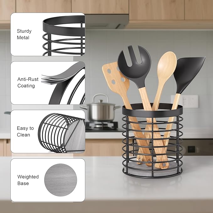 Utensil holder - Large Round Utensils Holder with Diatomaceous Base Matte Black Cooking Utensil Holder,Kitchen countertop Utensil Organizer (Metal)