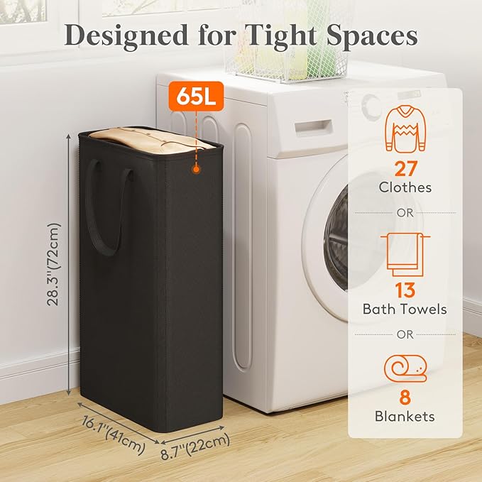 Lifewit 65L Slim Laundry Hamper, Narrow Small Laundry Basket with Handle for Dirty Clothes, Collapsible Tall Thin Laundry Bin for Bathroom Bedroom Dorm College, Black