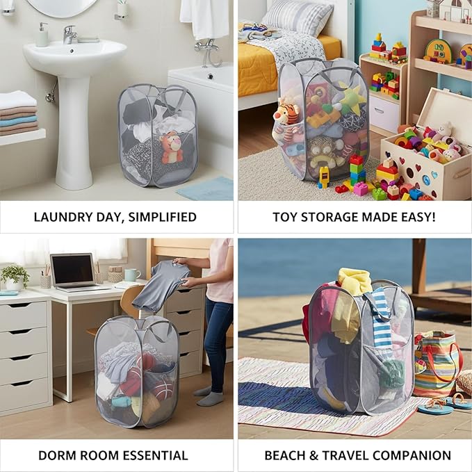 Kimmama Large Collapsible Mesh Laundry Basket,Foldable Pop Up Laundry Hamper with Side Pocket,Removable Clothes Storage Bin with Handle for Laundry Room,College Drom,Bathroom,Kid Room,Travel,72L