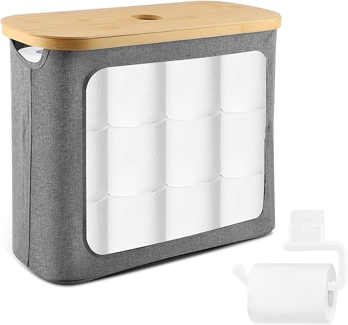 Toilet Paper Storage Holder with Lid, Freestanding Toilet Paper Basket Stand for 9 to 12 Rolls, Bathroom Storage Organizer with Bamboo Lid(Grey)
