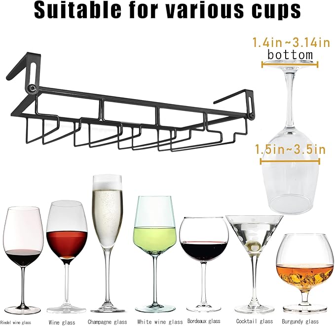 Adjustable Under Cabinet Stemware Holder - Metal Wine Glass Hanger Organizer for Kitchen, Bar, Shelf - Rustproof Hanging Storage Rack for 6-8 Glasses - Space Saving Decor (Black, 4 Rows)