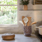 Farmhouse Kitchen Utensil Holder for Countertop, Ceramic Large Cooking Utensil Crock with Cork Mat, Decorative Rustic Utensil Holder for Kitchen Counter, Hollow Carving Flower, Purple