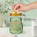 SheeChung Green Glass Qtip Holder Dispenser, Mason Jar Apothecary Jars with Lids, Bathroom Organizers and Storage, Vanity Countertop Canisters Set for Cotton Swab, Ball, Pad, Floss Pick-Gold, 2 Pack