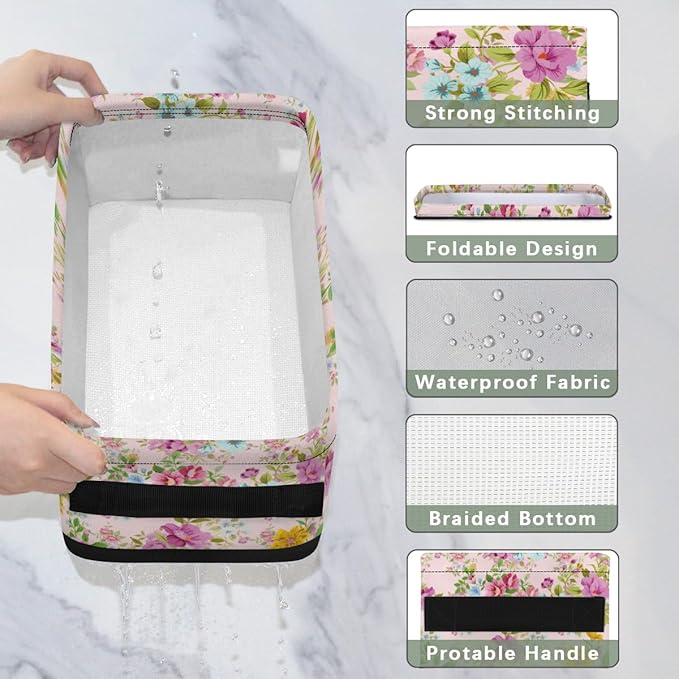 Toilet Tank Topper Paper Basket with Handle, Beautiful Floral Bathroom Storage Basket for Organizing, Small Fabric Storage Bins for Bathroom Decor