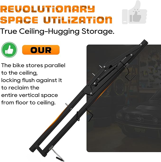 Ceiling Mounted Horizontal Bike Rack - Overhead Storage Space Saver, Ideal for Apartments, Garages & Tight Spaces