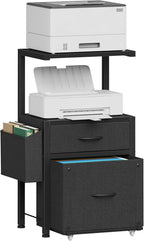 2-Drawer File Cabinet, Filing Cabinet with 2-Tier Printer Shelves, Office Cabinets with Side Bag&File Drawer for A4/Letter Size, Printer Stand with Storage for Home Office, Black, 16.5" W