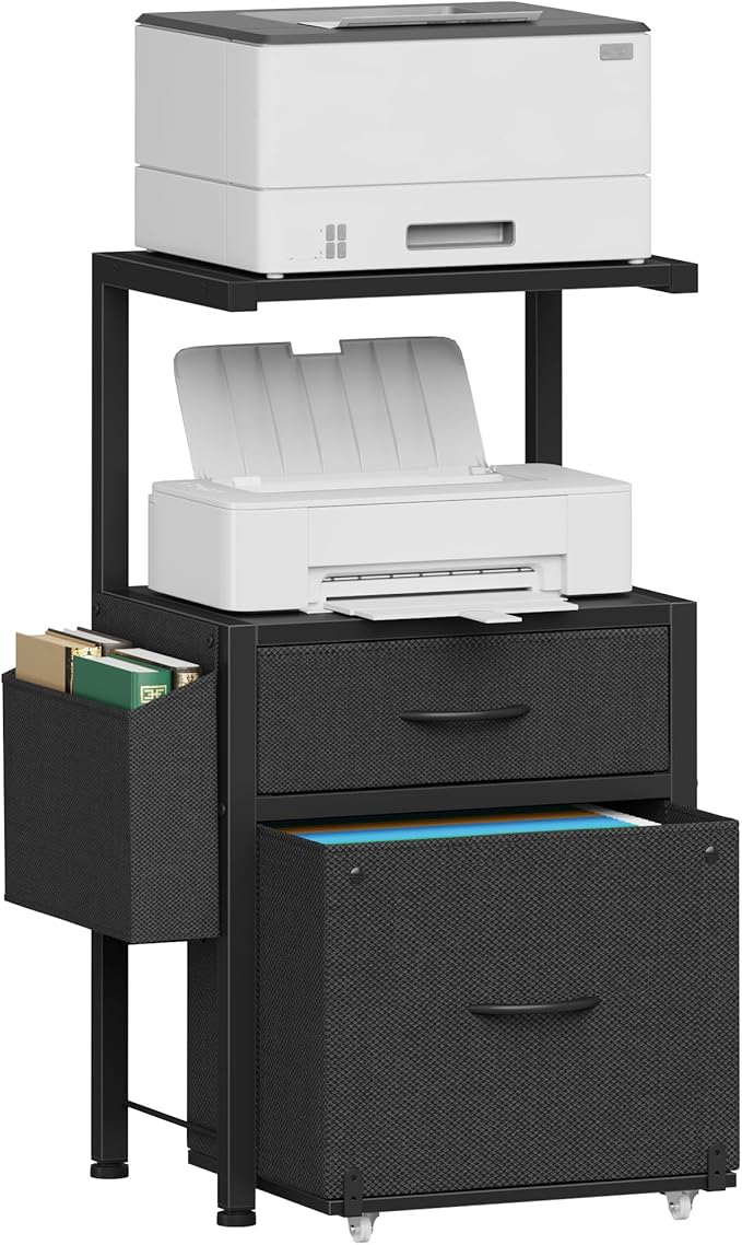 2-Drawer File Cabinet, Filing Cabinet with 2-Tier Printer Shelves, Office Cabinets with Side Bag&File Drawer for A4/Letter Size, Printer Stand with Storage for Home Office, Black, 16.5" W