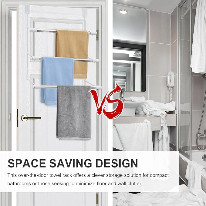 3-Tier Over The Door Towel Rack, Durable Stainless Steel 16 Inch Towel Hanger & Holder, No Drilling Tool-Free Install, Fits 1.5 Inch Standard Bathroom/Shower Door, Space Saving Hanging Storage