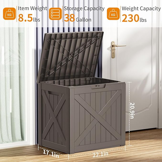 38 Gallon Outdoor Deck Box,Waterproof Resin Outdoor Storage Boxes, Outside Storage Lockable Container for Garden Tools,Indooor Cushions,Accessories (Grey)
