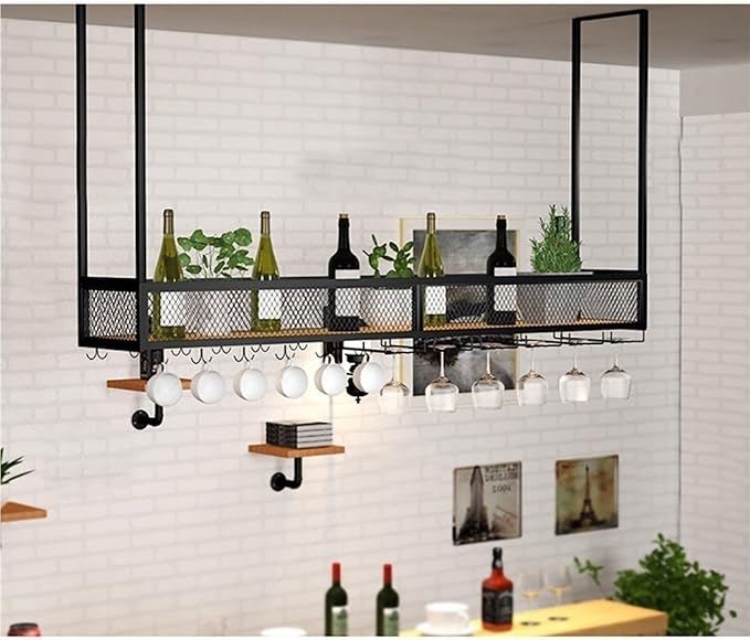 Ceiling Hanging Wine Glass Holder - Ceiling Shelf, Ceiling Wine Rack Display Stand, Hanging Solid Wood Plant Stand, Wall Mounted Iron Art Wine Bottle Holder, LOFT Ceiling Mounted Storage Rack ( Color
