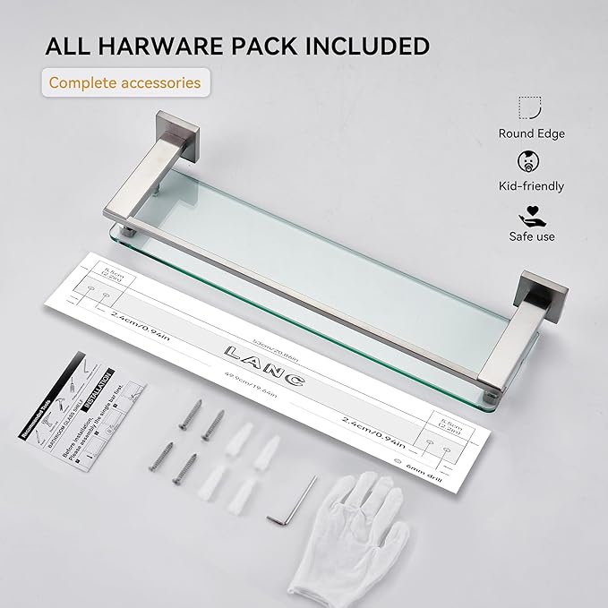 LANC Bathroom Shelves Glass Shelf 20-Inch Brushed Nickel Floating Tempered Glass Shelf Rectangular Modern Stainless Steel Wall Mount Shelves for Shower Bathroom Kitchen Organizers Accessories，A7613BN