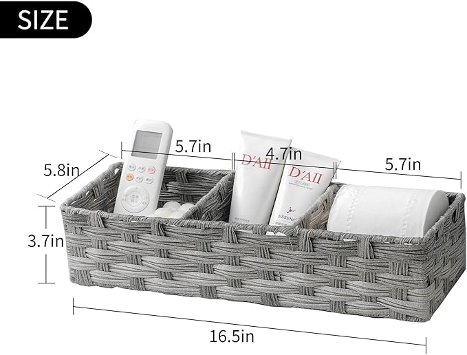Toilet Tank Topper Paper Basket Multiuse Hand Woven Plastic Wicker Basket Bins with Divider for Shelves Rustic Farmhouse Bathroom Decor Countertop Organizer Storage