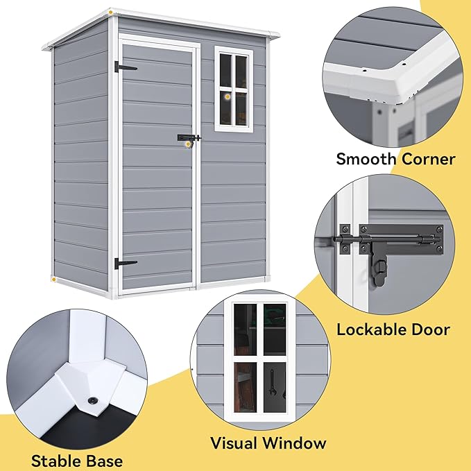 DWVO 5x3 FT Outdoor Storage Shed with Reinforced Floor, All-Weather Resin Storage Shed with Lockable Door & Window, Waterproof Plastic Tool Storage for Garden, Backyard, Patio, Lawn