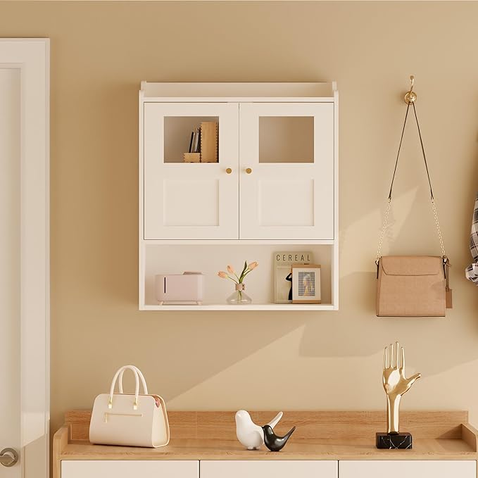 Bathroom Wall Cabinet, Medicine Cabinet with 2 Glass Door and Adjustable Shelves,White Wall Mounted Cabinet Over The Toile,3-Tier Wood Hanging Storage for Bathroom,Kitchen,Living,Laundry Room