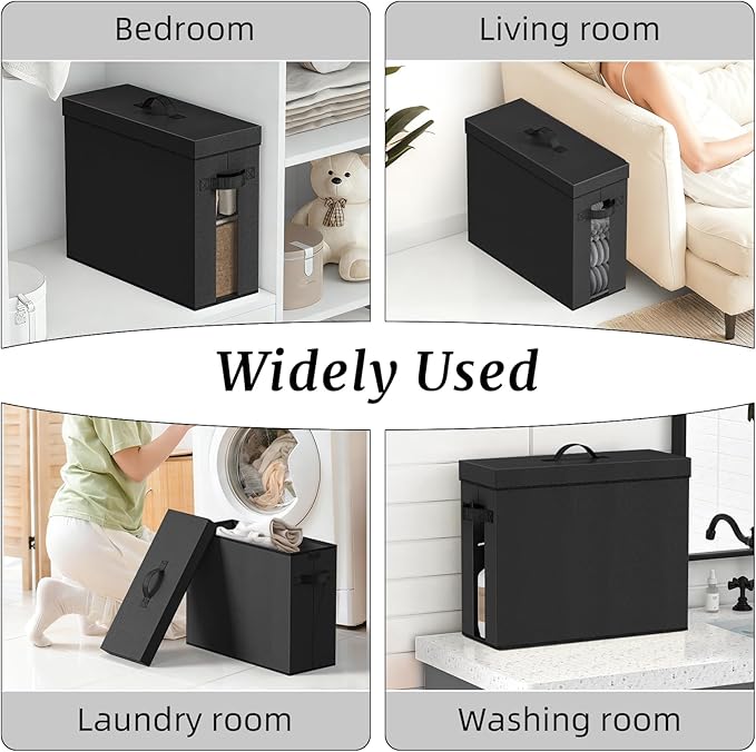 Bathroom Toilet Paper Storage with Lid - for Up to 12 Rolls | Storage Bins with Lids for Towel or Yarn | Free Standing | Foldable | Moisture Resistant | Clear Plastic Window | Black | 2 Pack