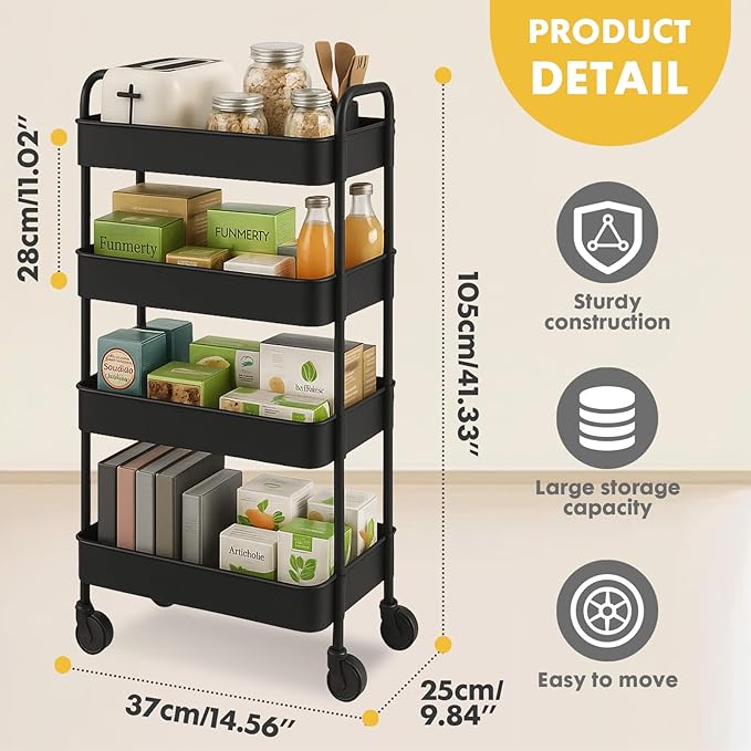 ShellKingdom 4 Tier Bathroom Storage Organizer, Toilet Paper Holder, Slim Rolling Storage Cart for Narrow Space with Handle, Mobile Shelving Unit for Bathroom, Kitchen, Laundry (Black)