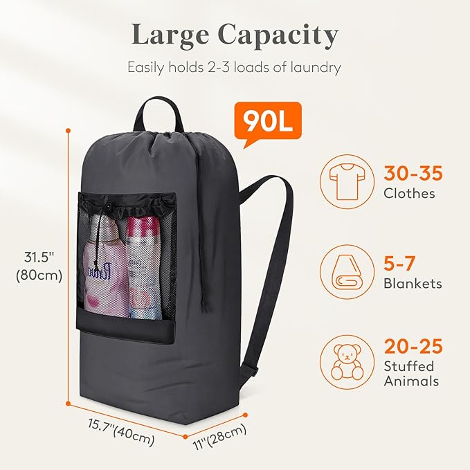 Lifewit Laundry Bag, Extra Large Laundry Backpack with Shoulder Straps and Mesh Pocket for Laundromat, Heavy Duty Laundry Bag Backpack for Dirty Clothes for College Dorm/Travel/Apartment, 90L, Gray