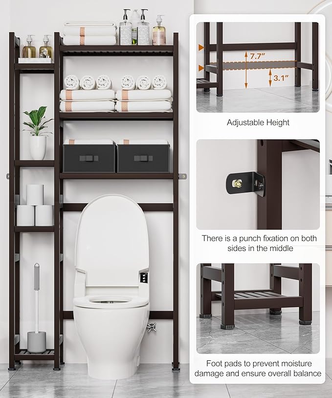 Homde Over The Toilet Storage with Basket and Drawer, Bamboo Bathroom Organizer with Adjustable Shelf & Waterproof Feet Pad, Space Saver Rack for Restroom, Laundry, Brown