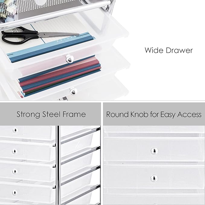 GOFLAME 10-Drawer Rolling Storage Drawer Cart, Utility Cart with Removable Drawers & Metal Frame, Mobile Art Craft Drawer Cart with Lockable Wheels for Home, Office, Studio, School, Clear