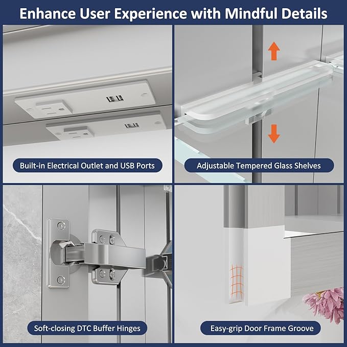 30"×32" Lighted Medicine Cabinet Mirror, Recessed Bathroom Mirror Cabinet with Lights, Defogger, Dimmer, Clock, Built-in Outlet & USB Ports, Wall-Mounted LED Bathroom Mirror, Double Door