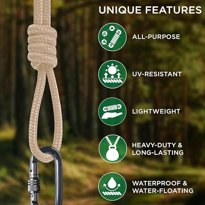 TECEUM Rope – 90 Feet x 3/8 Inch (10mm) – Beige – Strong All-Purpose Utility Rope – Camping, Crafting, Flag Pole, Indoor & Outdoor – Polypropylene Nylon Poly Lightweight Diamond Braided Cord