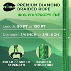 TECEUM Rope – 90 Feet x 3/8 Inch (10mm) – Green – Strong All-Purpose Utility Rope – Camping, Crafting, Flag Pole, Indoor & Outdoor – Polypropylene Nylon Poly Lightweight Diamond Braided Cord