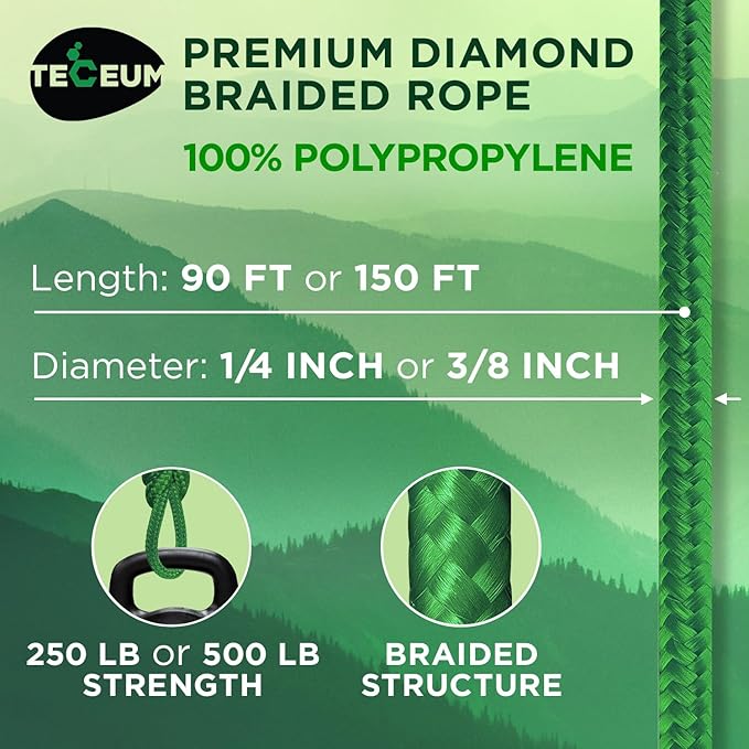 TECEUM Rope – 90 Feet x 3/8 Inch (10mm) – Green – Strong All-Purpose Utility Rope – Camping, Crafting, Flag Pole, Indoor & Outdoor – Polypropylene Nylon Poly Lightweight Diamond Braided Cord