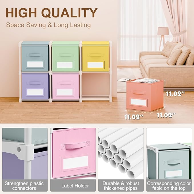 Geelin 6 Cube Toy Storage Organizer with Fabric Bins and Labels, 11 Inch Collapsible Colorful Cubby Storage Drawers Pastel Dresser with Shelf for Playroom Nursery Closet Bedroom Dorm