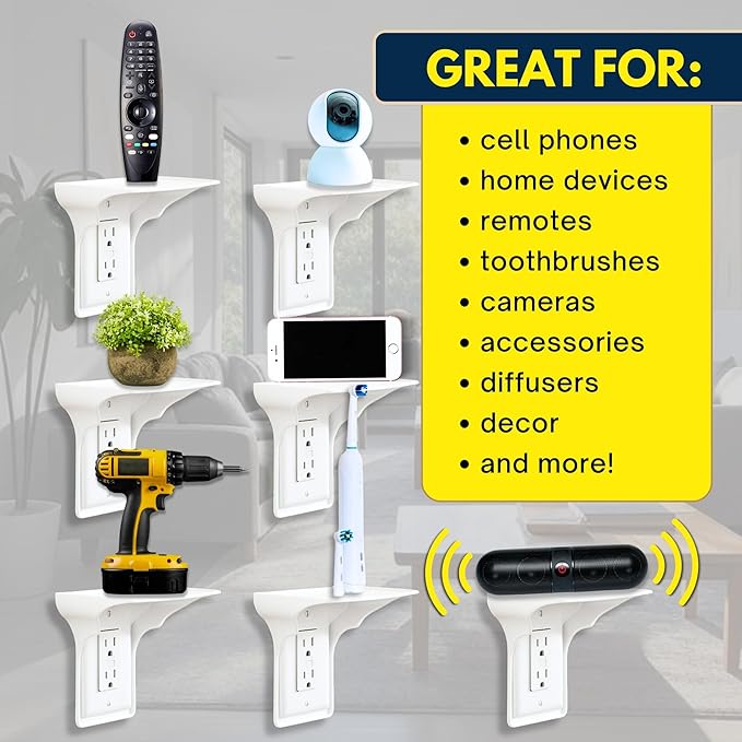 BeraTek Power Perch Wall Outlet Shelf with Cord Storage Strap - Declutter & Reclaim Counter Space - Bathroom Shelf Alexa Holder, Charging Stand, Apple Homepod Mini Wall Mount - White, 1-Pack