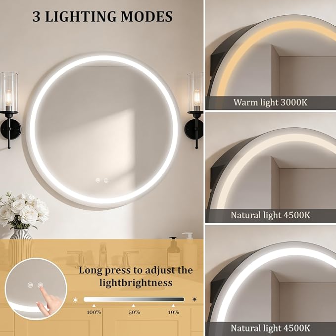 WallBeyond 28 in Round LED Medicine Cabinet with Mirror, Black Bathroom Cabinet with Storage, 3 Color Stepless Dimmable Lights, Anti-Fog, Memory Function, Hardwired, Surface Mount